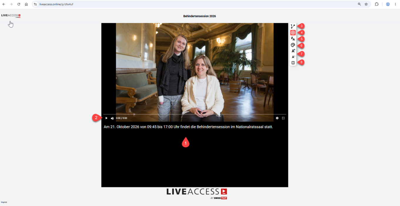 Screenshot der LiveAccess-Oberfläche mit den nummerierten Bedienelementen 1 bis 8.