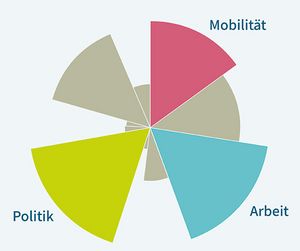 Ein Kuchendiagramm, bei dem die drei grössten Segmente vergrössert, eingefärbt und beschriftet sind: Politik, Arbeit und Mobilität.