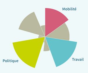 Un diagramme circulaire avec les trois plus grosses parts mises en avant : politique, travail et mobilité.