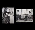 Images extraites du rapport annuel de 1982 de la direction cantonale genevoise : une femme en chaise roulante à son domicile et dans son bureau. Photo : Archives Pro Infirmis