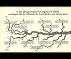 Illustration tirée du rapport annuel de 1939 montrant la croissance de Pro Infirmis sous forme de fleuve. Les institutions membres de Pro Infirmis sont représentées comme les affluents venant grossir le « fleuve Pro Infirmis ». La légende explique : « L'Association suisse Pro Infirmis réunit les organisations d'aide aux infirmes pour former un courant fort. »