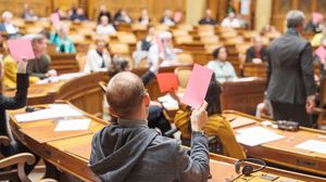 Teilnehmende im Nationalratssaal stimmen ab, indem sie farbige Stimmkarten hochhalten.