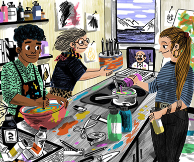 Illustration mit drei bastelnden Menschen, dazu ein Laptop: auf dem Bildschirm das Gesicht eines Mannes
