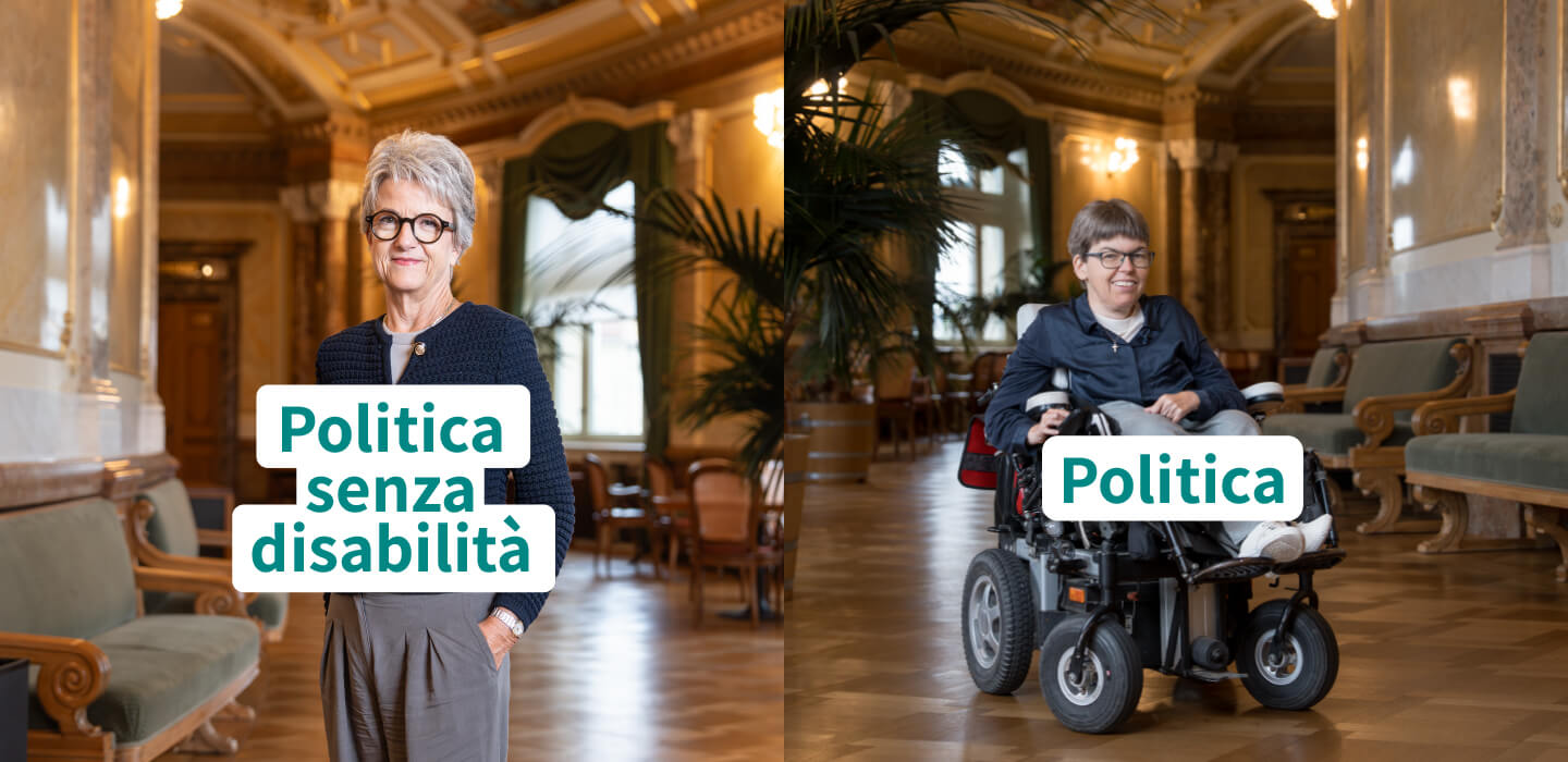 Immagine della campagna a Palazzo federale: una donna in piedi e una donna in sedia a rotelle, con le scritte tedesche «Politikerin ohne Behinderungen» e «Politikerin».
