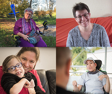 [Translate to Französisch:] Collage aus vier Fotos von Menschen mit Behinderung