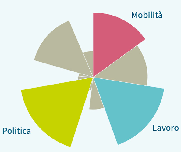 Un diagramma a torta in cui i tre segmenti più grandi - politica, lavoro e mobilità - sono ingranditi, colorati e nominati.