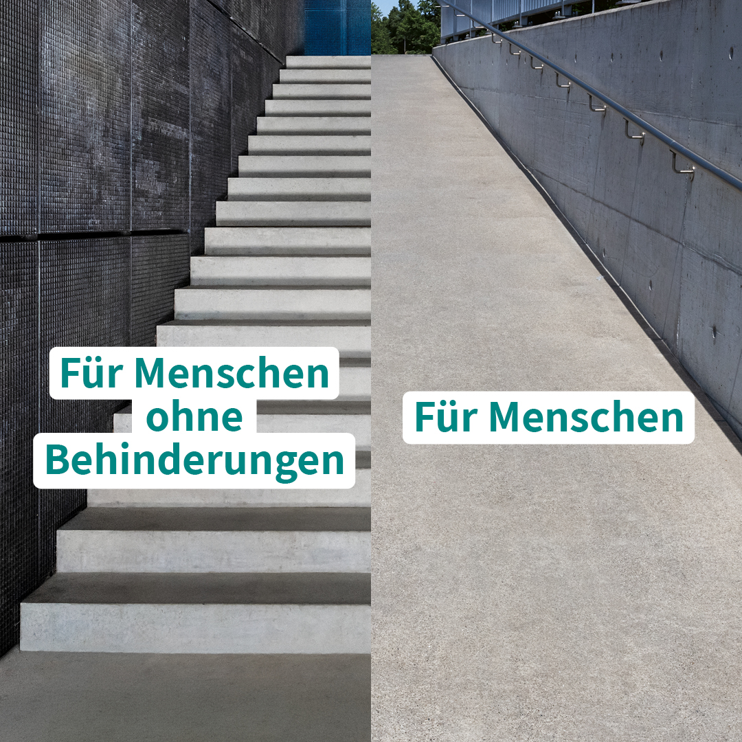 Zweigeteiltes Kampagnenmotiv: links eine Treppe, darüber steht «Für Menschen ohne Behinderungen». Rechts eine Rampe, darüber steht «Für Menschen».
